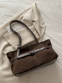 1个纯色绒面革绗缝拉链保龄球包，大容量手提包，新款时尚复古风单肩包，适合女性日常使用，秋冬季 - 咖啡 - 查看 8