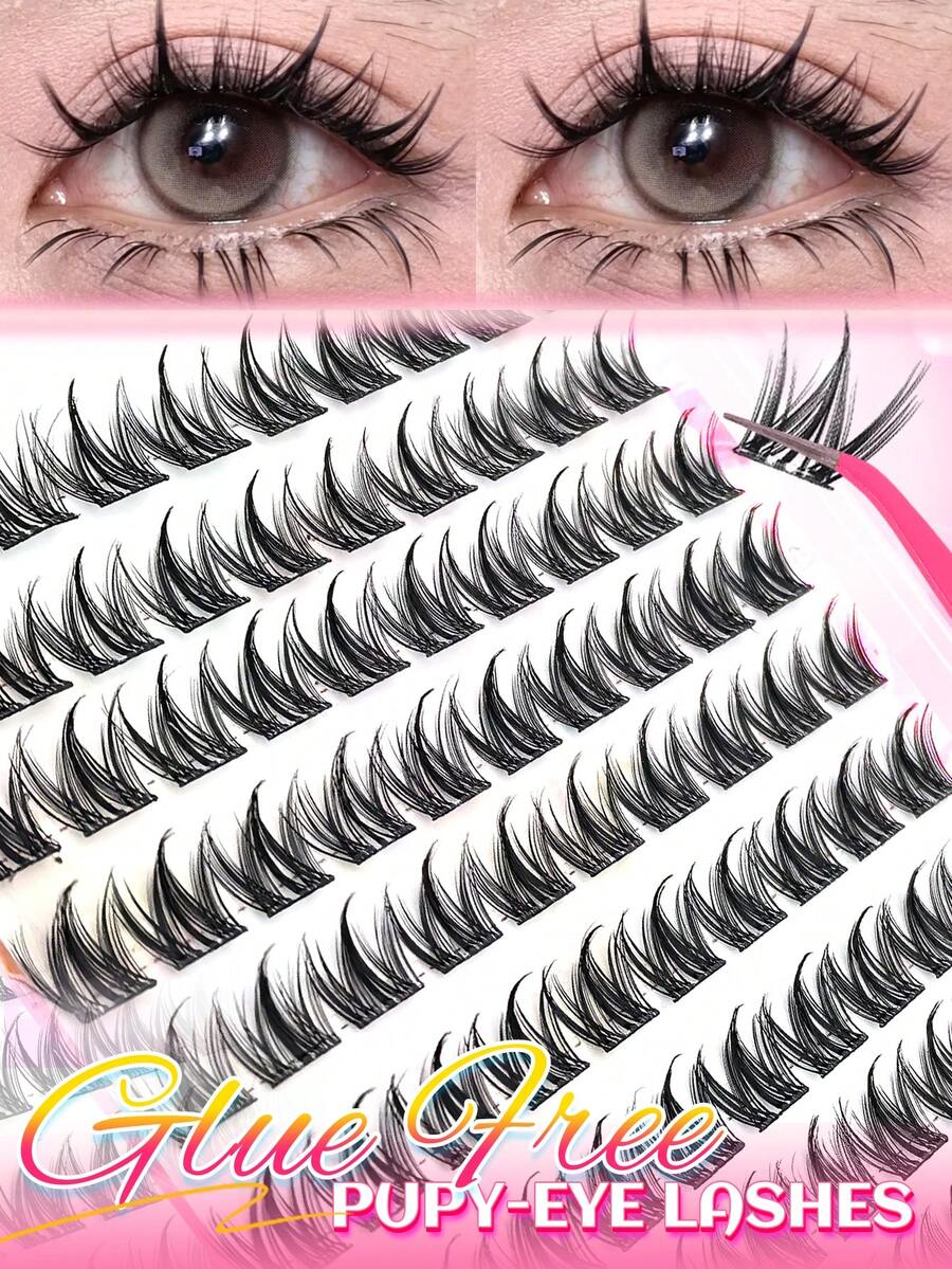 100PCS Lashes Clusters, D Curl ,3D Mink Effect ,Glue-Free False Eyelashes,Individual Lashes Creates Puppy-Dog Eyes Effect Cluster Lashes With Thin Invisible Bands For Cosplay Home DIY Lash Extension Kit For Beginners (Home/Travel/Party Use) Western-Style Glamorous Volume - D - 查看 1