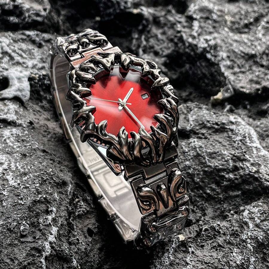 1 szt. metalowy zegarek na rękę Dark Gothic Thorn, spersonalizowany czerwono-szary cyferblat w stylu retro punk, unikatowy design, kwarcowy zegarek dla mężczyzn, do noszenia na co dzień