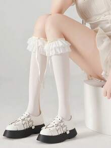 1双女士法式蕾丝蝴蝶结学院风可爱Y2K优雅性感小腿袜 - 彩色 - 查看 2