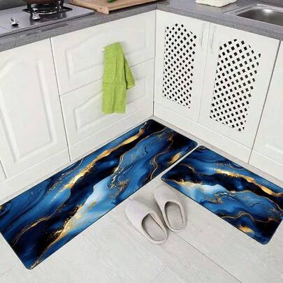 Blue And Gold Marble Style Kitchen Rug Washable Non-Slip Kitchen Mat Set 17"X48"+17"X24" Rug For Floor