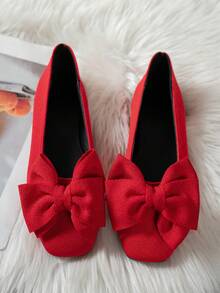Women's Bow Decor Flat Loafers, Fashion Comfortable Breathable Slip-On, Gentle & Elegant Flat Shoes Suitable For Daily Commute,Ballet Flats - Red - View 2