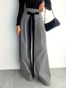 优雅女士纯色蝴蝶结口袋裤，配有侧拉链和前纽扣，办公室套装，适合通勤、商务和休闲日常穿着 - 淺灰色 - 查看 7