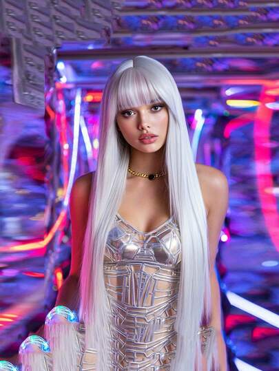 1 bộ tóc giả cosplay màu trắng, chịu nhiệt và chống xù mà không bị rối, màu trắng tinh khiết với độ hoàn màu cao và ít bị ố vàng, lưới che tóc thoáng khí mà không thấm mồ hôi.
