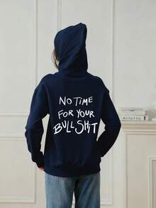 女款時尚秋冬連帽衛衣，印有「No Time For Your」圖案，柔軟舒適，毛茸茸秋冬上衣 - 藏蓝色 - 查看 2