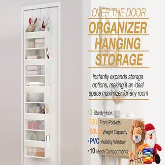 Over The Door Organizer With 5 Front & 10 Mesh Side Pockets, 50LB Capacity  Hanging Storage Organizer Multi-Room Space-Saving Design With  Hook For Closet, Kitchen, Pantry (Beige)