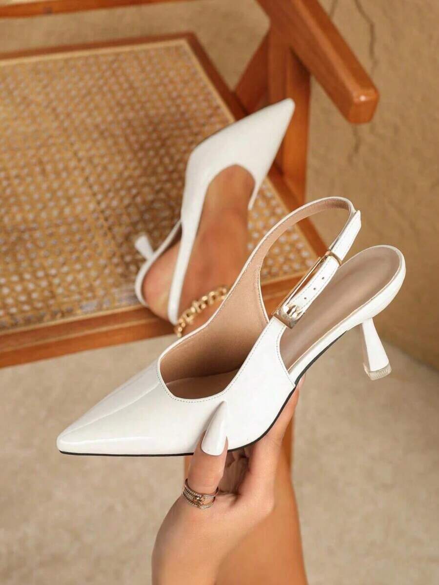 2025秋冬新款女士白色法式尖头休闲凉鞋，细跟，后跟露趾设计，搭扣绑带，舒适优雅高跟鞋，优雅女士浅口鞋 - 白色 - 查看 1