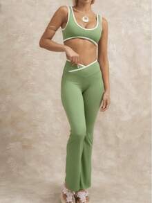 Women's Summer Sports Set, Comfortable Elastic Sports Pants, 2 Pieces Outfit - Green - View 5