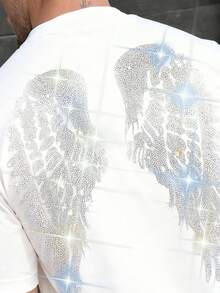 Men's Rhinestone Wings Pattern Casual Versatile Crew Neck Short Sleeve T-Shirt, Summer - White - View 4