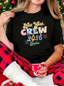 Christmas New Year Team Style New Year CREW 2026 Sophia Text Print Women's Round Neck Spring Summer Short Sleeve T-Shirt, Casual Streetwear Holiday Gift, Friend Gathering Outfit, Celebrate New Year, Full Of Party Vibes - 黑色 - 查看 1