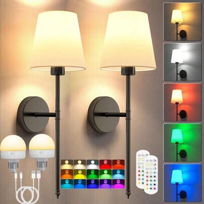 1/2PCS Rechargeable Wall Lights With Remote(Includes Rechargeable RGB Light Bulb And White Fabric Lampshade) , Bedside Lamp, Ceiling Light, Fairy Lights, Decorative Lights Lamps, Night Light, Ceiling Light– 13-Color Dimmable Sconces For Bedroom, Living Room, Hallway, Bathroom, Kitchen, And Closet Lighting, Christmas Decorations For Home For Ceilin(1800mAh)