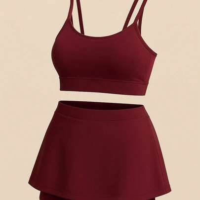 Conjunto Academia Plus Size  Feminino com Saia Shorts e Top Alça Dupla – Bojo Removível