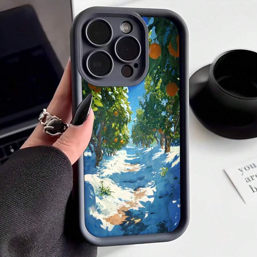 Cubierta de teléfono con borde negro diseño de camino entre naranjos paisaje pintado para uso diario y viajes - Negro - Ver 1