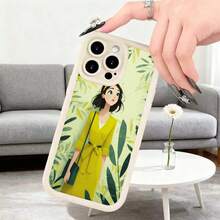 Cubierta de teléfono con diseño de mujer en vestido amarillo estampado con hojas verdes para uso diario y lectura en biblioteca Aplicable a teléfonos Apple y Galaxy - Blanco - Ver 2