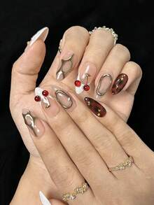 10pcs Almond Handmade Press-On Nails, White French Fingertips, Brown Hand-Painted Amber Pattern, 3D And Cherry Decoration, Elegant And Cute Handmade False Nails, Suitable For Girls And Women's Daily, New Year, Valentine's Day Nail Decoration - Multicolor - View 6