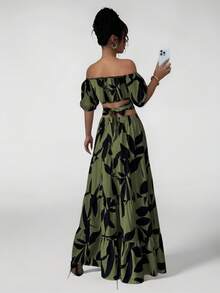 Vestidos Elegantes De Vacaciones De Hombros Descubiertos Para Mujer,Con Anudado Y Diseño Calado (Estampado Floral Aleatorio) - Verde oscuro - Ver 2