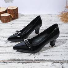 Décolleté con punta affusolata, tacco largo, fibbia con strass in pelle verniciata nera, stile alla moda per l'ufficio e gli spostamenti, suola nera resistente e versatile - nero - Visualizzare 5