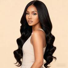 新款时尚黑色28英寸中分长卷发合成假发，适合日常佩戴 - 黑色 - 查看 4