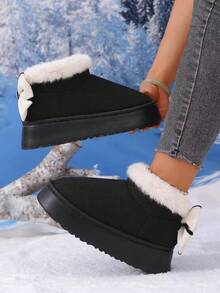 1 Pair Teens' EVA Thermal-Lined Bow Design Anti-Slip Thick Sole Casual Flat Shoes, Suitable For Autumn/Winter - Black - View 3