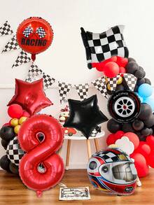 7pcs/Set Racing Car Theme Birthday Balloon Set, 32 Inch Red Number Balloons, 18 Inch Star Foil Balloons, Black & White Racing Flag Balloons, Helmet Balloon, Suitable For Birthday Party, Racing Theme, Celebration Decoration, Indoor & Outdoor Decor, Speed Racing Theme - Multicolor - View 4