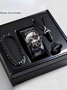 4pcs Men's Steel Band Quartz Watches, Sports Chronograph Watches - Perfect For Halloween, Christmas, Thanksgiving, Valentine's Day, Etc. - Ideal Gift For Boyfriend Or Family - Black - View 1