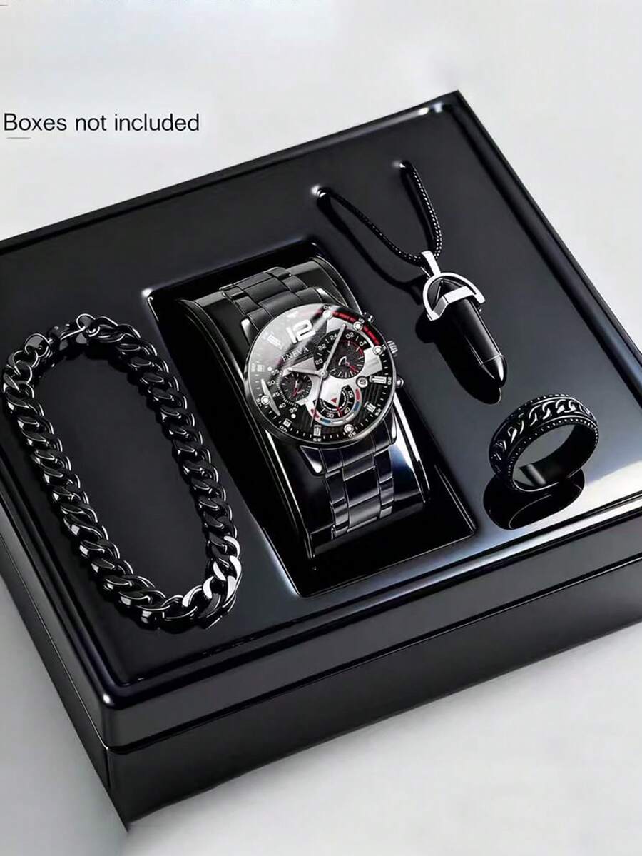 4pcs Men's Steel Band Quartz Watches, Sports Chronograph Watches - Perfect For Halloween, Christmas, Thanksgiving, Valentine's Day, Etc. - Ideal Gift For Boyfriend Or Family - Black - View 1