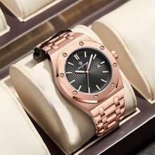 Luxury Business Men's Wristwatch, Waterproof, Luminous, Date Display, Stainless Steel Fashion Quartz Watch, Japanese Quartz Movement, Crystal Heart Design, Rose Gold, Father's Day Gift, Brother's Graduation, Parrot Back To School Essential - Multicolor - View 3