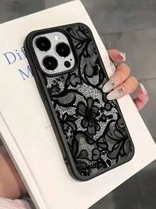 New Lace Flower Painted Matte Litchi Texture Full Coverage TPU Shockproof Fashionable Phone Protective Case Compatible With Apple 11 12 13 14 15 16 17 Pro Max,Suitable For IPhone 17 Airhot,Suitable For IPhone 17 Air - 黑色 - 查看 3