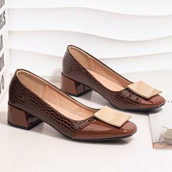 Square Toe Block Heel Slip-On Pumps, Solid Color PU Leather Patchwork Office Shoes, Spring/Autumn