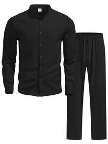 2pcs/Set Men's Loose Thin Black Long Sleeve Mandarin Collar Shirt + Pants Suit, Summer Vacation Casual Style, Lightweight Outfit Ideal For Husband/Boyfriend To Beat The Heat - Black - View 2
