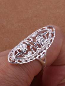 1pc Hollow Flower Design Long Ring, Antique Silver Plated Alloy, Multi-Color Options - White K - View 19