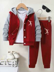 2pcs/Set Young Boy Sports Figure Print Hoodie Jacket And Pants Casual Outfit