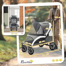 PawHut Foldable Stroller For Large Dogs And Cats Up To 30 Kg, Includes Cushion, Mesh Windows And Doors, Storage Bag, Straps And Brakes. Dark Gray Color. - 深灰色 - 查看 3