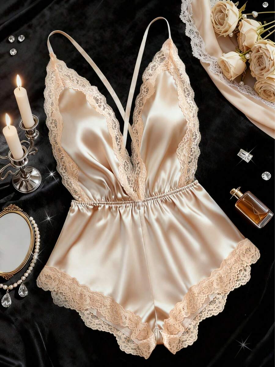 Regalo di San Valentino Nuovo Set di lingerie sexy da donna in tinta unita, scollo a V profondo, spalline regolabili, schiena scoperta, tutina con vita svasata, patch in pizzo, body da casa - Champagne - Visualizzare 1