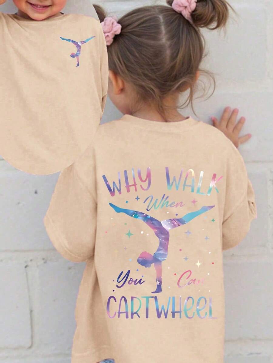 Camiseta gráfica para niñas con estampado de gimnasia, estilo de clase de baile de primavera/verano, parte superior para niñas - Albaricoque - Ver 1