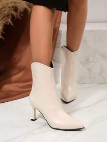 FVPFVP 2024秋冬新款法式时尚高跟踝靴，皮革鞋面，粗跟，专业时尚靴子 - 米色 - 查看 7