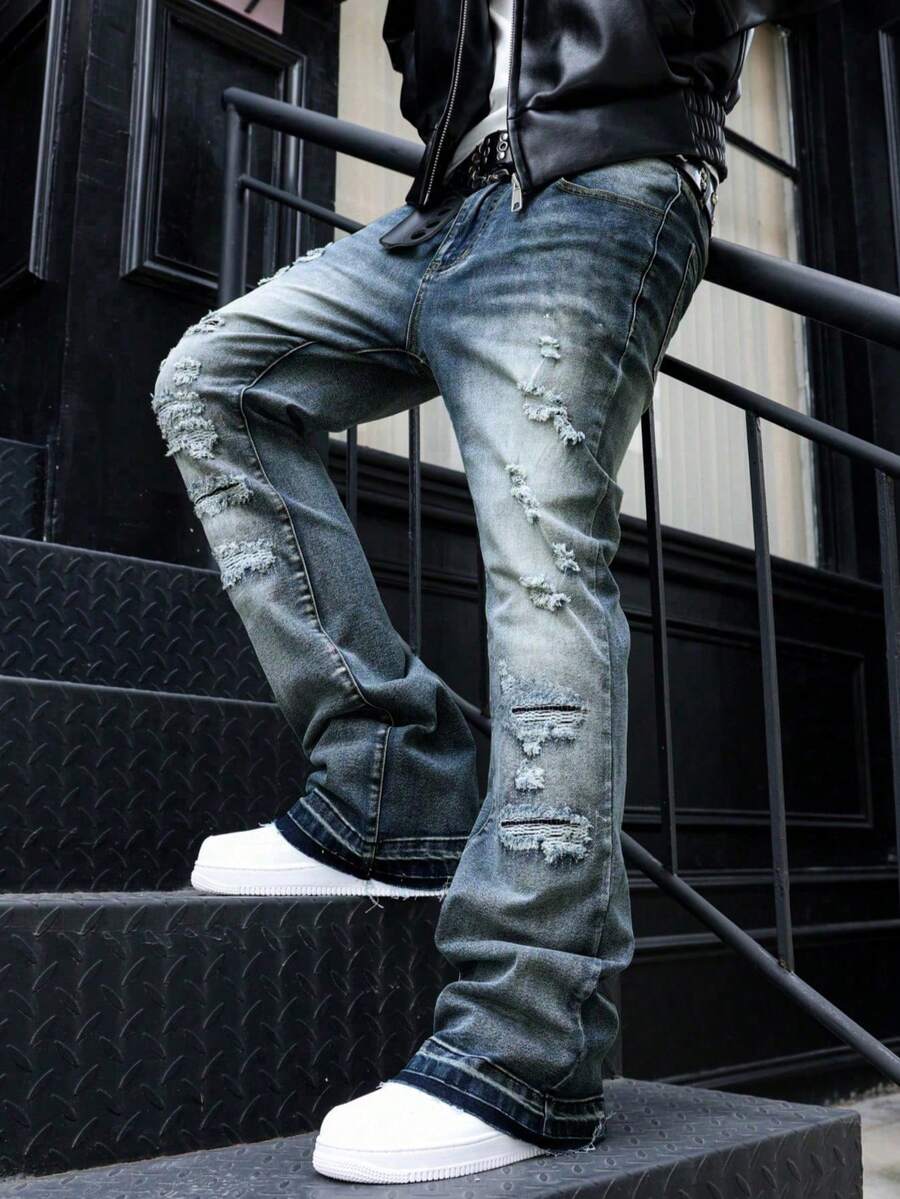 Men's Flared Jeans, Slim Fit Distressed Flare Leg Jeans, Y2K Stacked Jeans, Contrast Wash Embroidered Jeans, Suitable For All Seasons - 藍色 - 查看 1