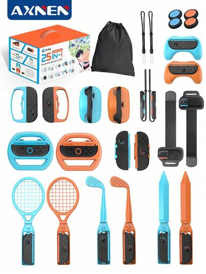 25-i-1 Switch 2-tillbehörspaket för Switch 2 (2025): Bärväska, Joycons 2-laddningsgrepp, inkluderar tennisracket, golfklubba, svärd, HD-skärmskydd, grepp för Joycons-kontroll, FPS-musgrepp, ratt för karting