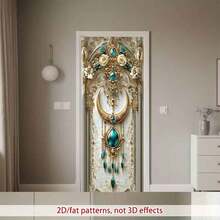 2D涤纶斋月门帘，1件装，精美华丽的墙面装饰，饰有金色细节、蓝色宝石元素和精致花朵，开斋节拍照道具及用品，适用于穆斯林斋月和宰牲节庆祝活动，伊斯兰主题节日装饰 - 彩色 - 查看 3