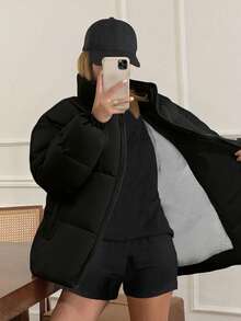 1件青少年女童休闲户外立领保暖外套，秋冬季 - 黑色 - 查看 2