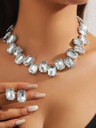 Exaggerated Large Rhinestone Rectangle Dangle Earrings Jewelry Set, Elegant Women's Fashion Party Wedding Jewelry Gift