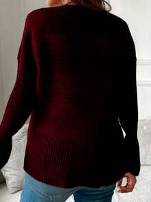 Plus Size Casual Solid Color Round Neck Cardigan, Autumn/Winter - Wine Red - View 5
