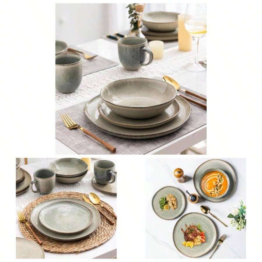 - Juego de vajilla de cermica hecho a mano, juego de platos y cuencos de gres reactivos, altamente resistente a los araazos, juego de platos aptos para lavaplatos y microondas, servicio para - Servicio caqui para 4 - Ver 1