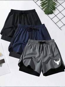 Bộ 3 chiếc quần short nam hai lớp, thích hợp mặc hàng ngày, tập thể dục và chạy bộ, hoạt động ngoài trời, kiểu dáng 2 trong 1, mùa hè. - Nhiều màu - Xem 3