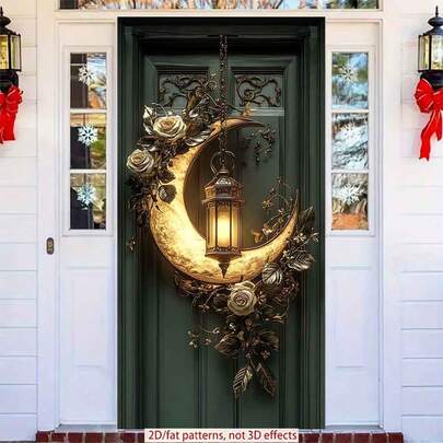 2D FLAT Polyester Ramadan Door Banner 1pc Exquisite Crescent - Moon Wall Decor With Lantern And Roses Eid Al-Fitr Photo Props And Supplies, Suitable For Muslim Ramadan And Eid Al-Adha Celebrations, Islamic-Themed Holiday Decorations