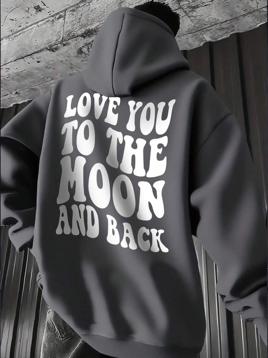 Men's Casual Fashionable Versatile Slogan Print Kangaroo Pocket Drawstring Hoodie, Autumn/Winter - Dark Grey - View 1
