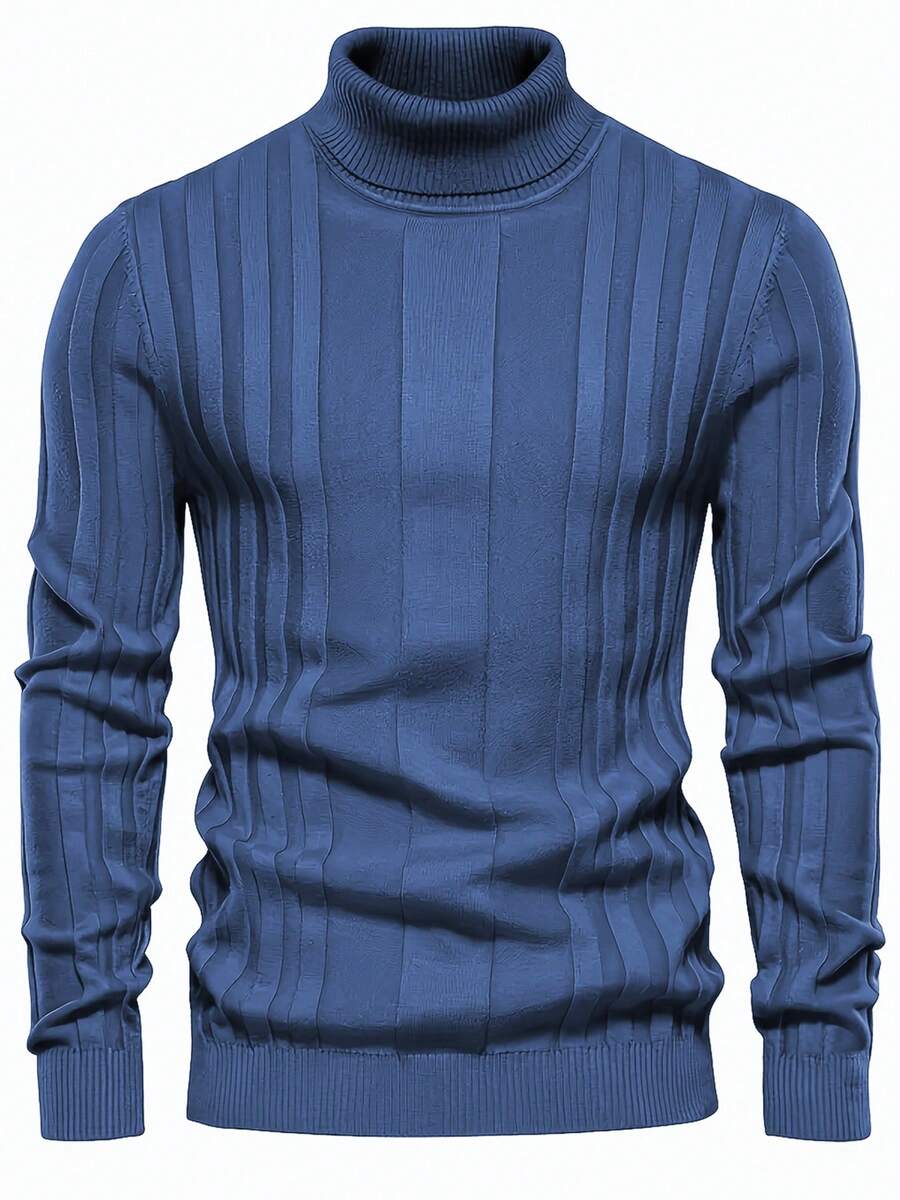 New High Neck Casual Knitted Sweater, Long Sleeve, Warm Base Layer For Men, Solid Color Pullover For Spring And Autumn - Blue - View 1