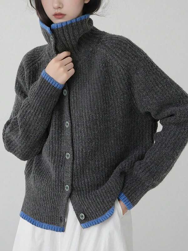 Alicedudu Women's Casual Vintage Style Contrast Color Trim Knitted Cardigan, Autumn/Winter