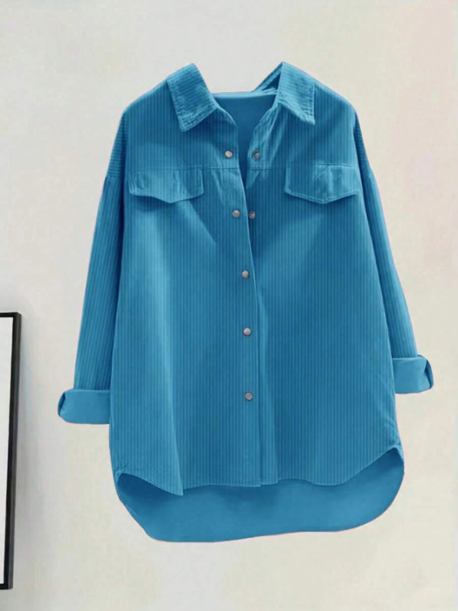 Women's Solid Color Front Button Down Collar Long Sleeve Shirt,Long Sleeve Tops Casual Spring - Dusty Blue - View 1