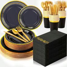 350 Pcs Black Party Dinnerware Set Disposable Paper Plates For 50 Guests 9in And 7in Dinner Dessert Plates Napkins Gold Rim Plastic Cups Knives Forks Spoons For Party Wedding Round Event Supplies With Elegant Gold Trim And -Friendly Materials - Black - View 1